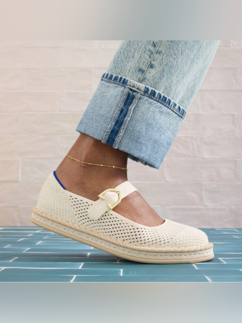Rothy's Cream Mary Jane Flats with Gold Buckle